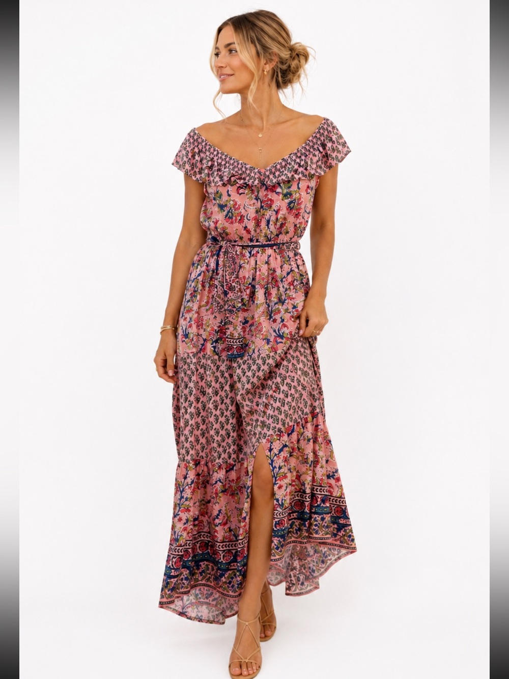 Anthropologie Farmers Market Pink Floral Off Shoulder Maxi Dress Large Boho - Picture 3 of 7